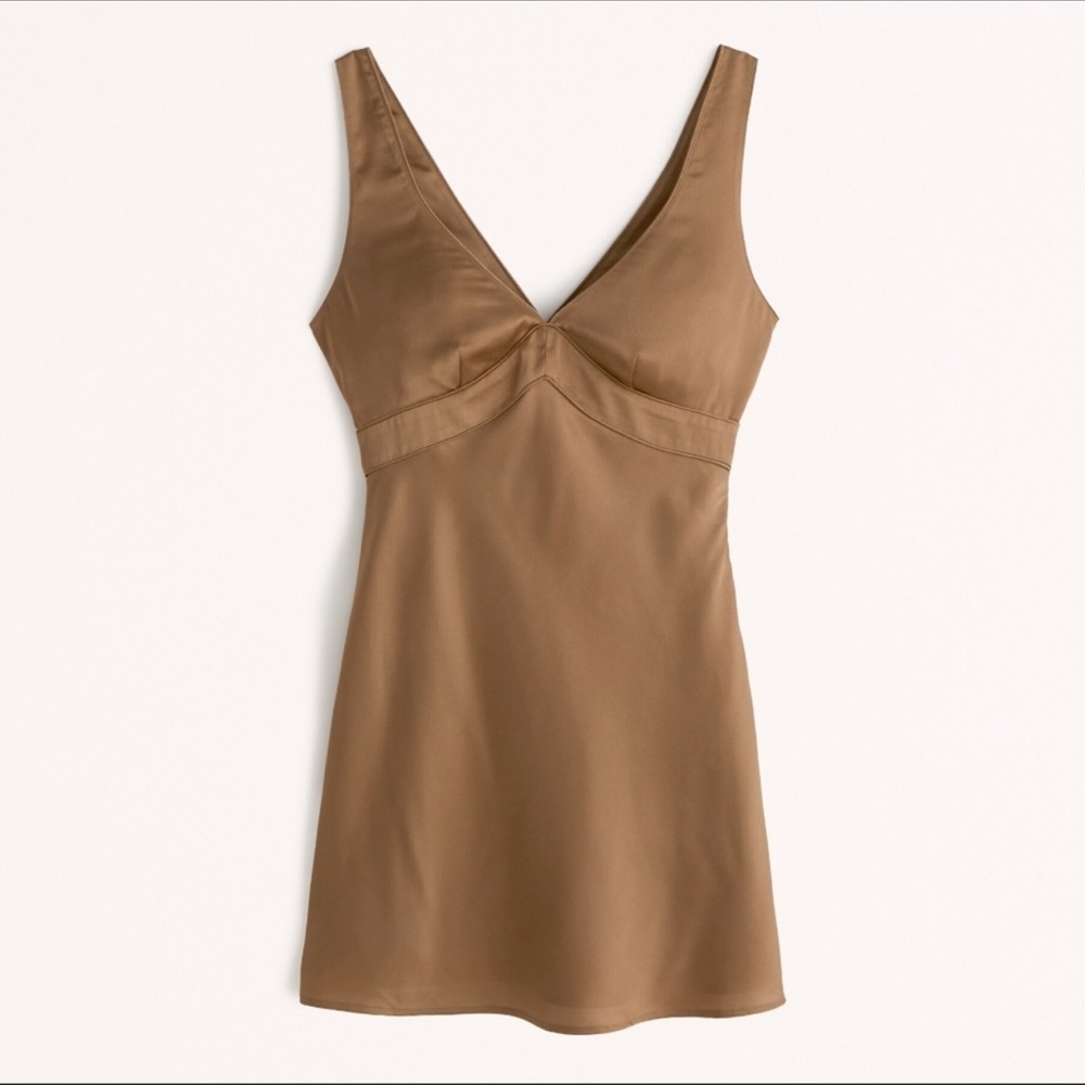 NWT Abercrombie Solid Brown Satin V neck Mini Slip Dress